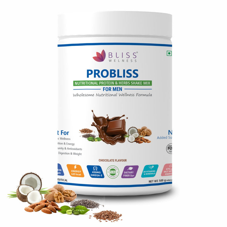 Bliss Welness Probliss Men Nutritional Protein and Herbs shake mix | High Concentration of Protein | Muscle Growth, Immunity Booster,Hearth Health and Stamina - 500gm Powder - Bliss Welness