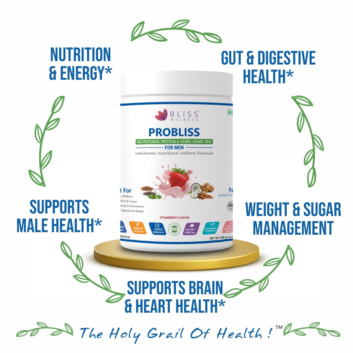 Bliss Welness Probliss Men Nutritional Protein and Herbs shake mix | High Concentration of Protein | Muscle Growth, Immunity Booster,Hearth Health and Stamina - 500gm Powder - Bliss Welness