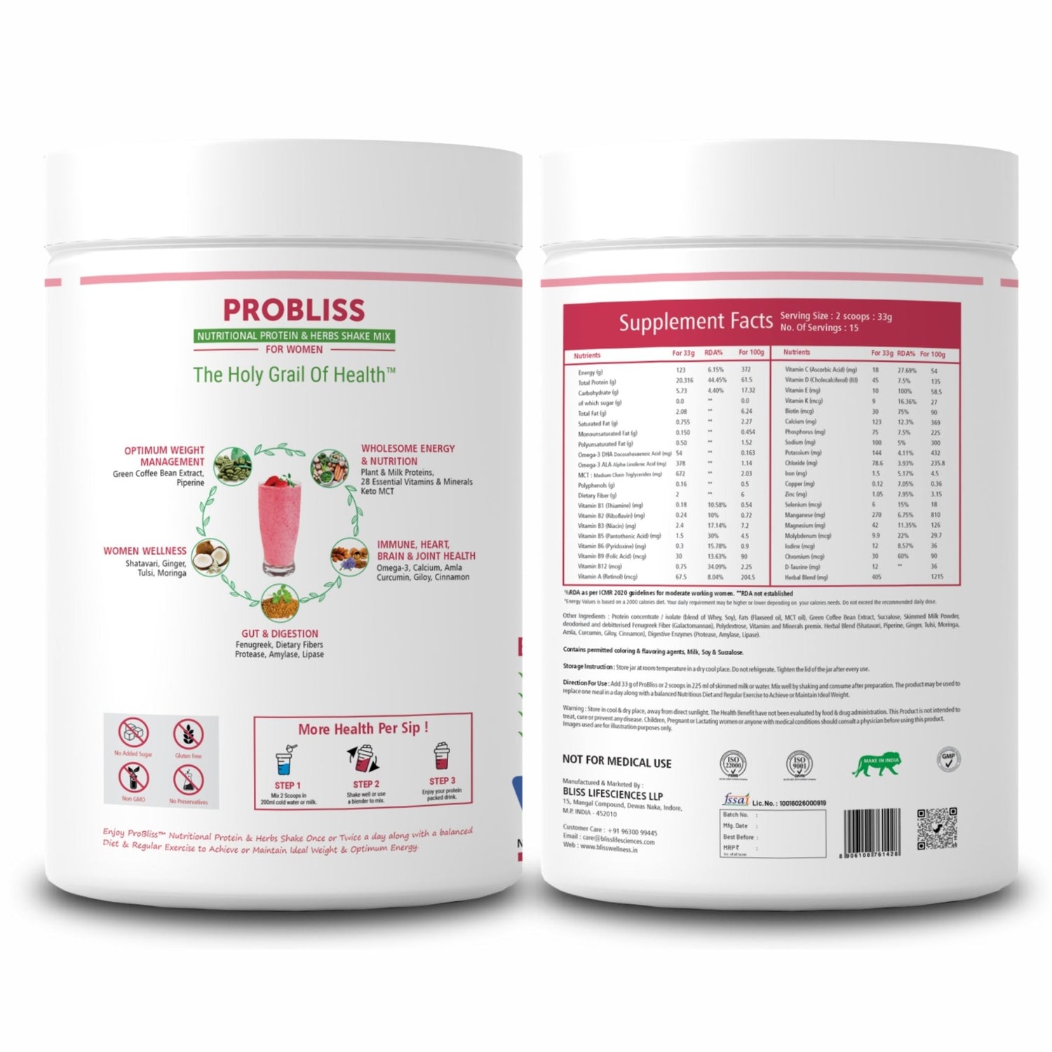 Bliss Welness Probliss Women Nutritional Protein and Herbs Shake Mix | High Concentration of Protein | Shatavari,Tulsi,Moinga,Piperine | Support Muscle Building, Stamina, and Gut Health - 500gm Powder - Bliss Welness