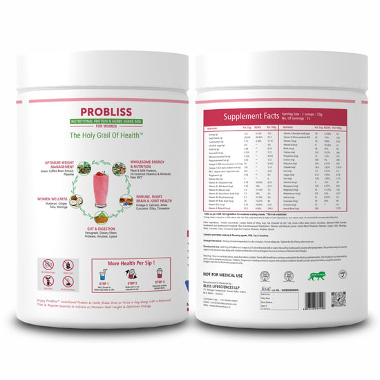 Bliss Welness Probliss Women Nutritional Protein and Herbs Shake Mix | High Concentration of Protein | Shatavari,Tulsi,Moinga,Piperine | Support Muscle Building, Stamina, and Gut Health - 500gm Powder - Bliss Welness