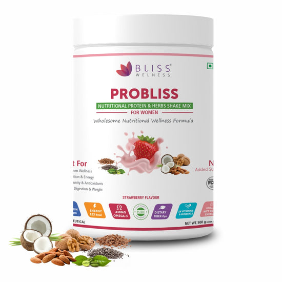 Bliss Welness Probliss Women Nutritional Protein and Herbs Shake Mix | High Concentration of Protein | Shatavari,Tulsi,Moinga,Piperine | Support Muscle Building, Stamina, and Gut Health - 500gm Powder - Bliss Welness