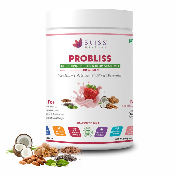 Bliss Welness Probliss Women Nutritional Protein and Herbs Shake Mix | High Concentration of Protein | Shatavari,Tulsi,Moinga,Piperine | Support Muscle Building, Stamina, and Gut Health - 500gm Powder - Bliss Welness