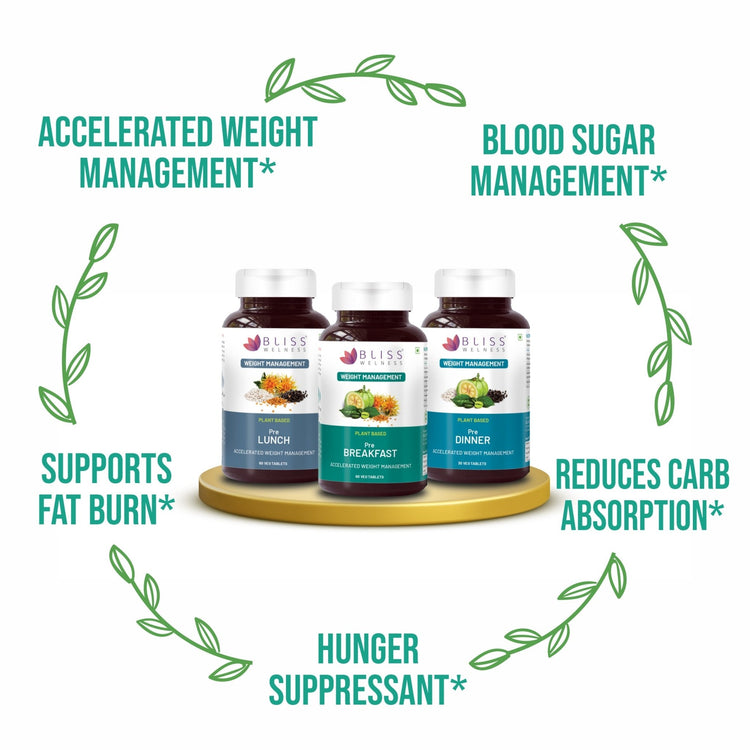 Bliss Welness SlimBliss Absolute Kit High Absorption Kit | Pre Breakfast Lunch Dinner for Weight Management Better Gut Health Metabolism Lean Muscle Health Supplement – 60+60+30 Veg Tablets - Bliss Welness