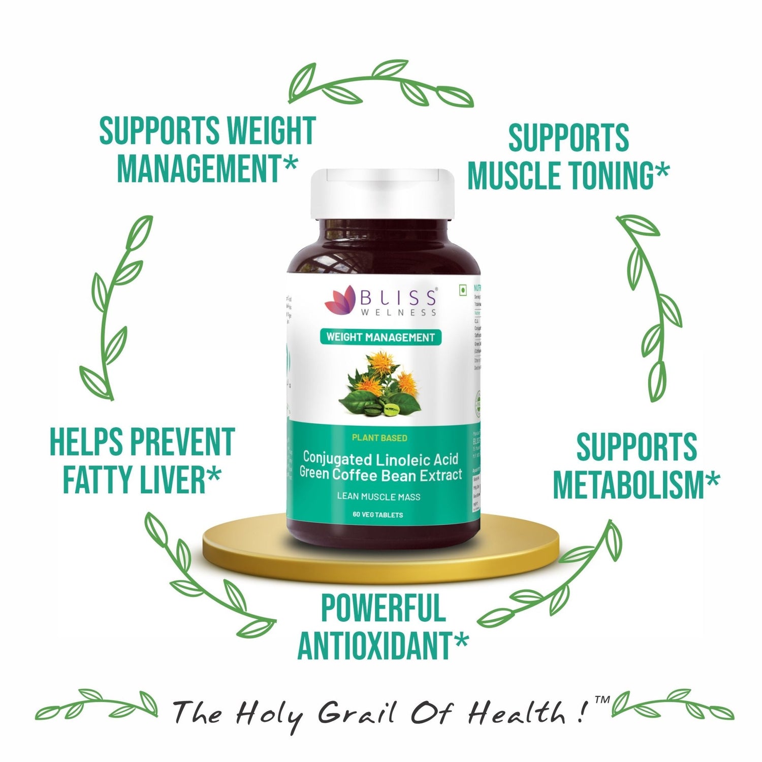 Bliss Welness SlimBliss Gold CLA+ GCB Extract Weight Management Muscle Build | 50%(Green Coffee Bean Extract + CLA | Metabolism Appetite Control | Lean Muscle Health Supplement - 60 Veg Tablets - Bliss Welness