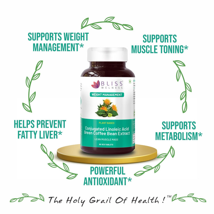 Bliss Welness SlimBliss Gold CLA+ GCB Extract Weight Management Muscle Build | 50%(Green Coffee Bean Extract + CLA | Metabolism Appetite Control | Lean Muscle Health Supplement - 60 Veg Tablets - Bliss Welness