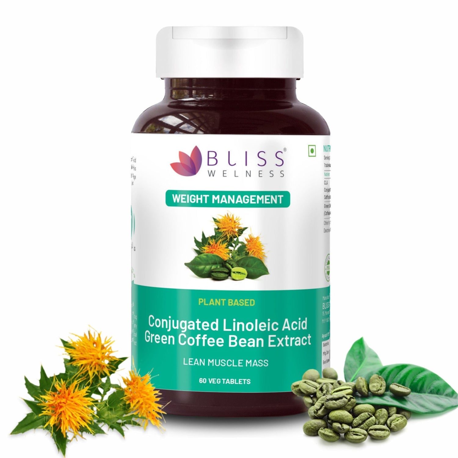 Bliss Welness SlimBliss Gold CLA+ GCB Extract Weight Management Muscle Build | 50%(Green Coffee Bean Extract + CLA | Metabolism Appetite Control | Lean Muscle Health Supplement - 60 Veg Tablets - Bliss Welness