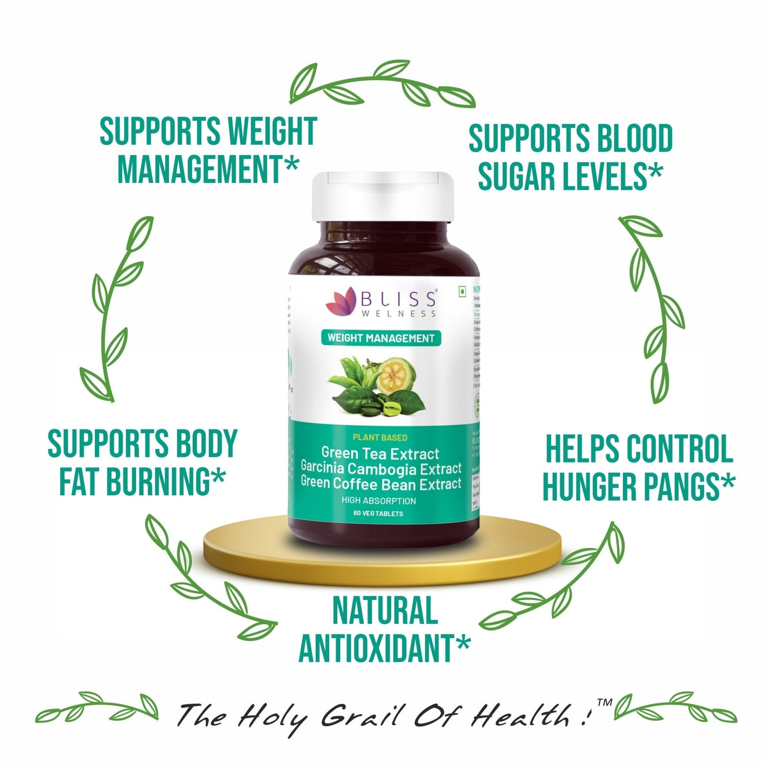 Bliss Welness SlimBliss Ultra GTE + GCE + GCB Extract + Weight Management Combo | GTE + GCE 60% + GCB50% Extract | Appetite Control Antioxidant Fat Management Supplement - 60 Vegetarian Tablets - Bliss Welness