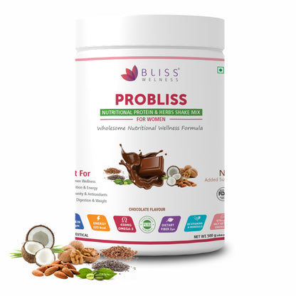 A container of Bliss Welness Probliss Women Nutritional Protein and Herbs Shake Mix with various ingredients like strawberries, nuts, and seeds displayed around it.